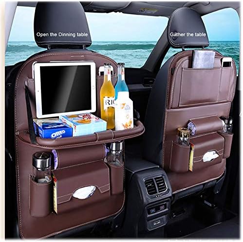 Car Back Seat Organizer, Luxury PU Leather Foldable Dining Table and Folding Tray Ipad Holder Multi-Pockets Storage for Kids Road Trip 1PC(Brown Upgrade Revision)