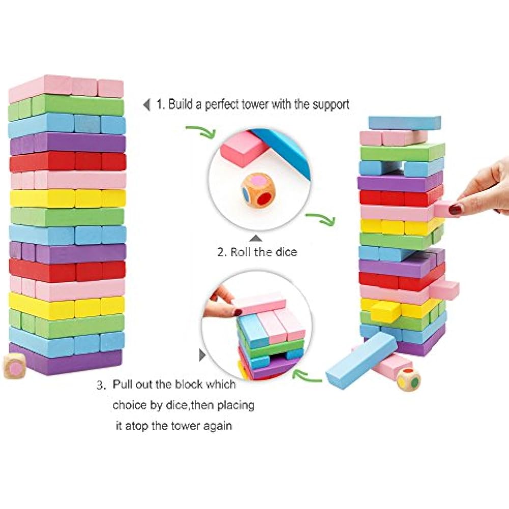 Wooden Stacking Games Board Building Blocks For Kids 48 Pieces Toys