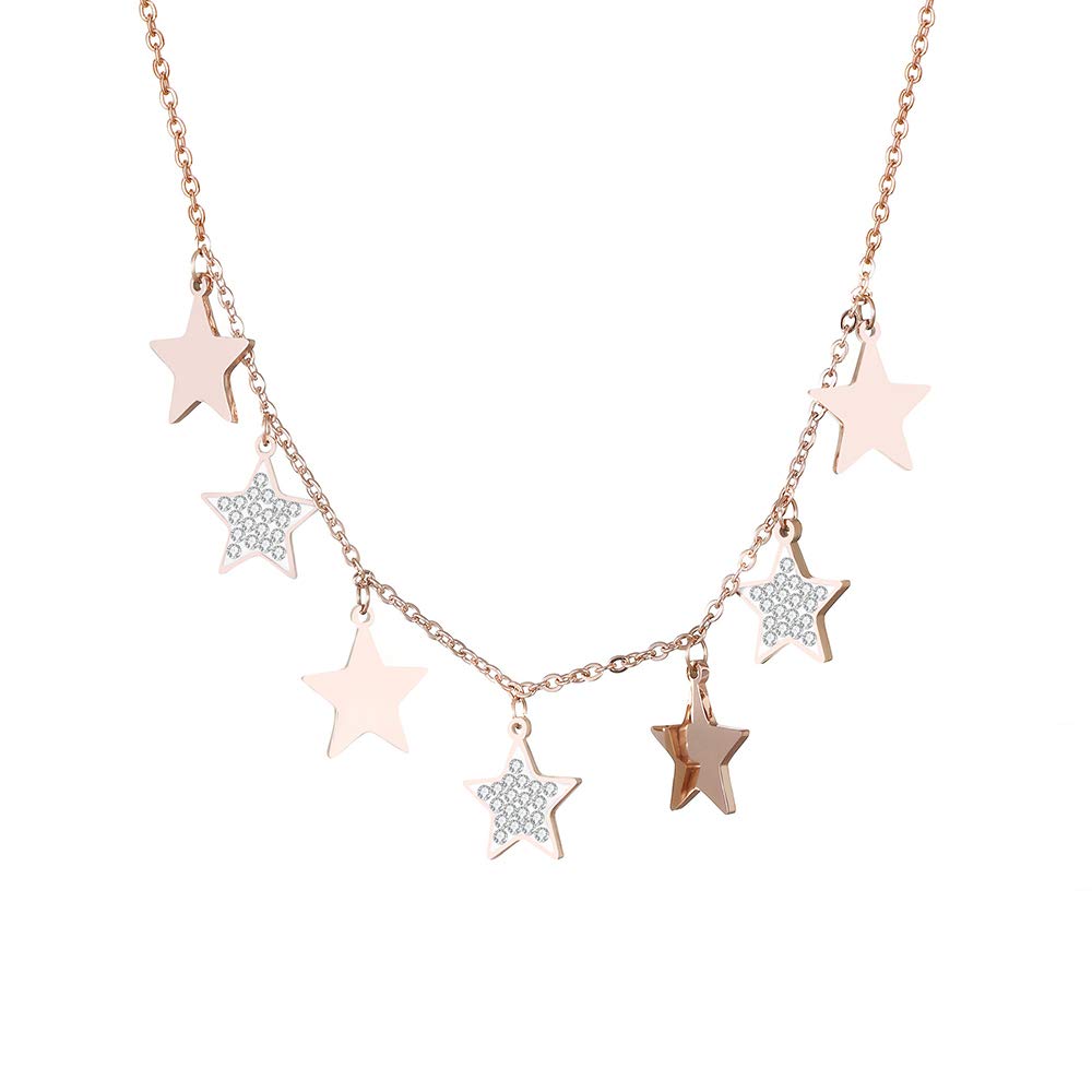 Stainless Steel Adjustable Necklace for Women Star Pendant Choker Bright Crystal Charm Jewelry Birthday Gift for Friends