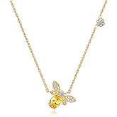 HQLA Hypoallergenic 14K Yellow Gold Dainty Cute Amber Lovely Tiny Honey Crystal Cubic Zirconia Bee Pendant Necklace for Women
