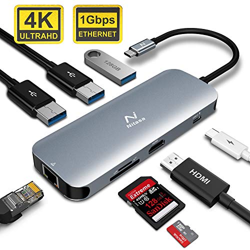NITASA USB C Hub, 8 in 1 USB C Adapter with Ethernet Port, 4K USB C to HDMI, 3 USB 3.0 Ports, PD Type C Charging Port, SD TF Card Reader, Compatible for MacBook Pro and Other Type C Laptops