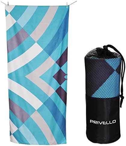 Privello Ultra Compact Microfiber Beach &amp; Travel Towel with Stuff Sack - XL Size Aqua Multi (76" x 33") Lightweight, Quick Drying for Pool, Camping, Beach Blanket and Gym - Sand Free