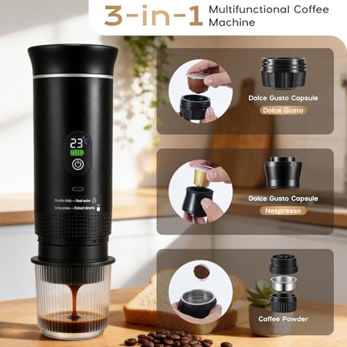 Yaskyly Portable Coffee Maker, 20 Bar, 3 in 1 Portable Espresso Machine Compatible with Small/Large Capsules and Ground Coffee, Self-Heating, Portable Coffee Maker for Travel, Camping Car