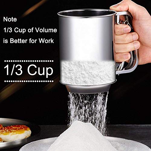 Flour Sifter, for Baking Stainless Steel 3 Cup Double Layers Sieve with Hand Press Design (1 Piece)