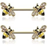 Pierced Owl 14GA 316L Stainless Steel CZ Crystal Paved Bee Nipple Barbells, Sold as a Pair