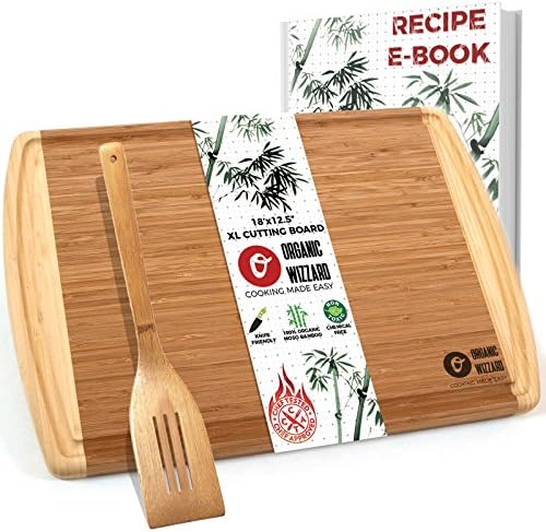 Organic Bamboo Cutting Board With Drip Groove - Extra Large Chopping Board for Meat, Vegetables or Cheese - Best Kitchen Serving Tray with Juice Groove - Extra Wide &amp; Thick 18" x 13"