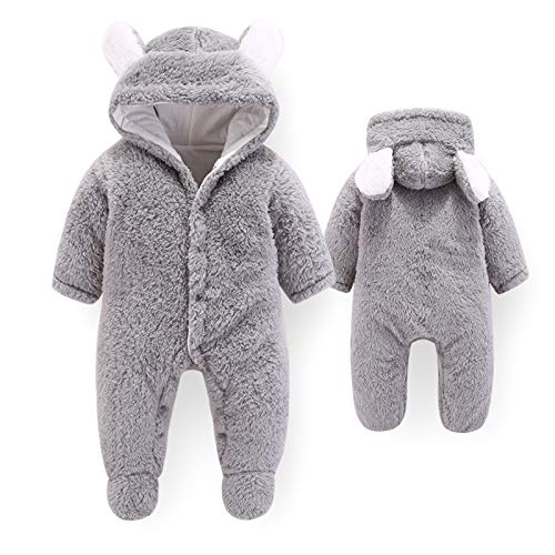 VNVNE Newborn Baby Cartoon Bear Snowsuit Warm Fleece Hooded Romper Jumpsuit (0-3 M, Grey)