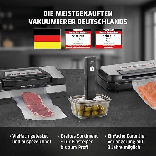 CASO VC10 vacuum sealer - test winner at Stiftung Warentest, vacuum sealer, food remains vacuumed up to 8x longer fresh, 30cm long & stable weld, including 10 professional foil bags