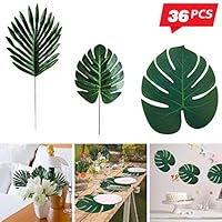 Moyeno 36PCS Artificial Tropical Palm Leaves with Faux Stems Tropical Plant Leaves for Hawaiian Jungle Theme Party Supplies, Artificial Leaves for Tropical Party Decorations (36PCS - 3Kinds)