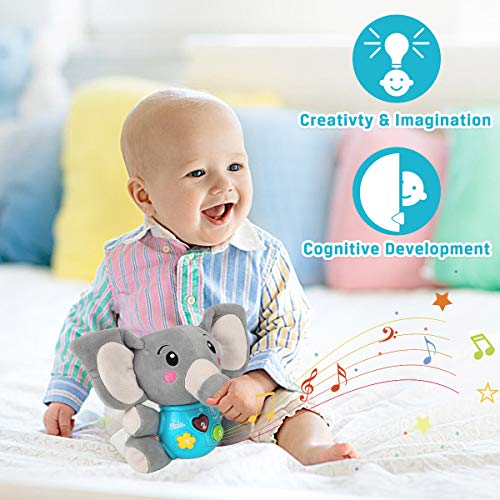 aitbay plush elephant music juguetes para bebés 0 3 6 9 12 meses, lindo animal de peluche con luz, juguetes para bebés, juguetes musicales para bebés recién nacidos para bebés, niños y niñas, de 0 a 36 meses