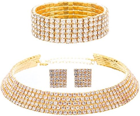 1/2/3/4/5 Row Wedding Crystal Rhinestone Bridal Necklace Earrings and Bracelet Jewelry Set