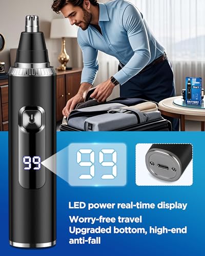 Nose Hair Trimmer for Men,3 in 1 USB Nose Trimmer with LED Display,Painless Dual Edge Blades Nasal Hair Trimmers for Men,Eyebrow Razor Scissors,Ear Facial Hair Remover,IPX7 Waterproof,Easy Cleansing