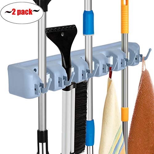 Auwey 2pack Mop Broom Holder Wall Mount with Hook Gripper Slot, Garden Tool Organizer Mop Broom Handle Kitchen Storage Garage Garden Tools Commercial Organizer (Grey 5 Position 6 Hooks)