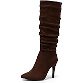 katliu Women Suede Knee High Boots Pointed Toe Stiletto Boot Slouchy Zipper High Heel Boots