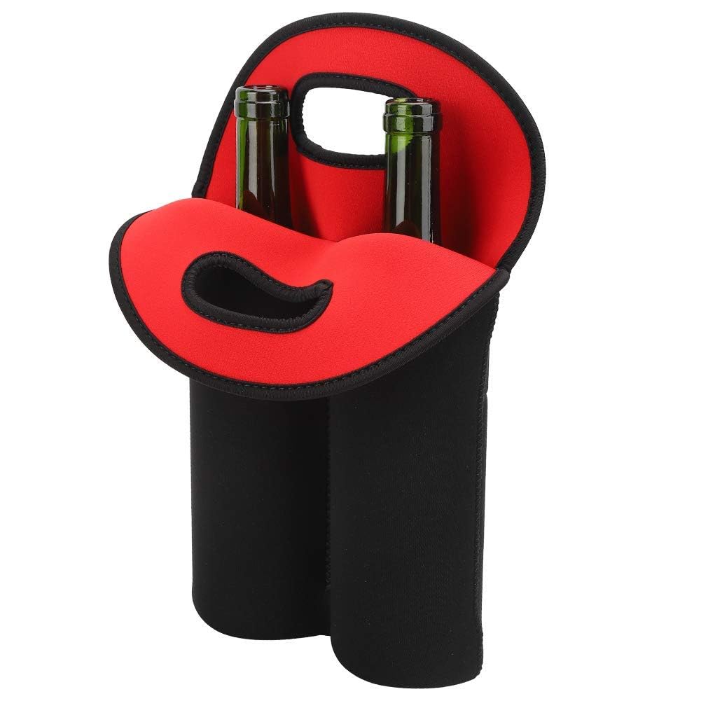 HERCHR 2 Bottle Wine Tote Carrier, Black and Red Insulated Wine Bags for Champagne/Wine/Beer Bottles/Beverages Thick Neoprene