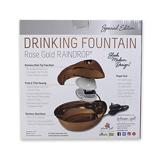 Pioneer Pet Raindrop Fountain, Pet Drinking Fountains (60 oz, Special Edition Rose Gold)