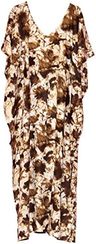 theblueeve Indian Kaftan Long Dress Free Size Kimono Maxi Night Gown (White-Brown)