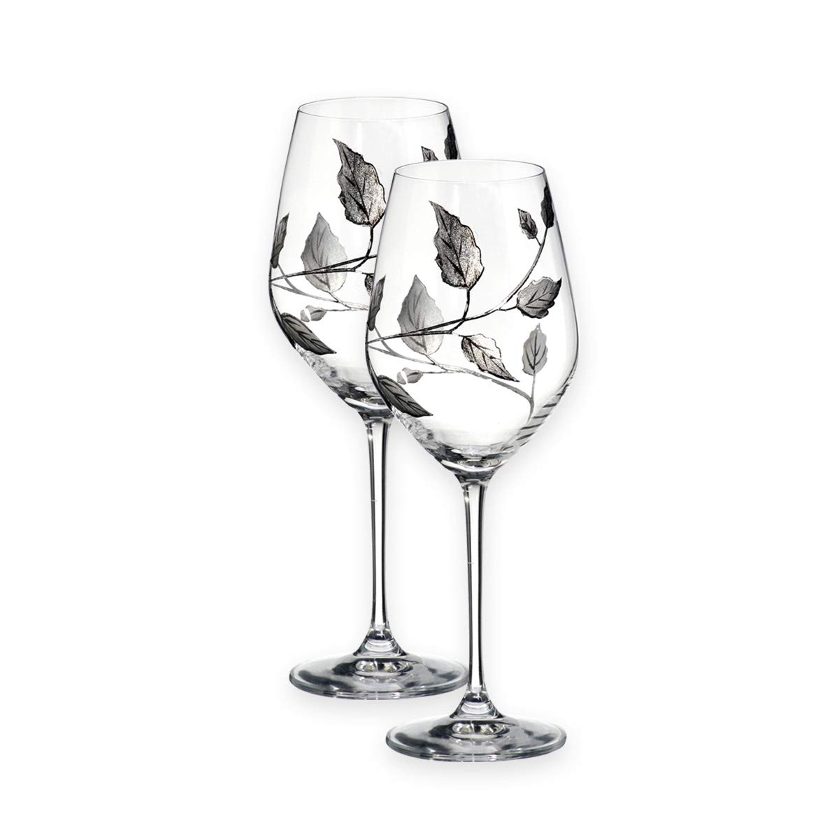 Quality SILVER LEAF Tendril Design Red/White Wine Glass Pair - Mouth Blown/Hand Decorated Glass - Ideal Silver Anniversary 25th Wedding Gift - 23.5cm