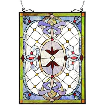 Lucidce Tiffany Panel Victorian Style 24 Inch Tall 18 Inch, Vertical Decoration Stained Glass Window Hanging Panels with Chain