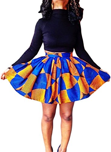 Dearlovers Women Retro African Print High Waist A Line Short Skirt Small Size Blue