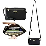 Befen Genuine Saffiano Leather Wristlet Wallet Clutch Women Smartphone Cross Body Wallet with Card slots/Shoulder strap/Wrist Strap - Black