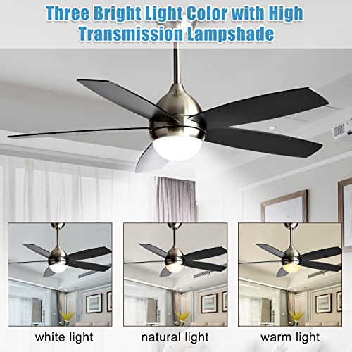 Noiseless 52 Inch Black Ceiling Fan with Lights Remote Control Modern