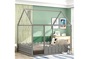 Harper & Bright Designs Full Size House Bed for Kids,House Floor Bed with Fence-Shaped Guardrails, Wood Kids House Full Bed Frame for Toddlers, Girls, Boys,Grey