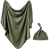 iEvolve Cotton Knitted Baby Swaddle Blanket with Hat Headband Set Newborn Swaddle Wrap Receiving Blankets for Baby Girl Boy 35" x 35"(OliverGreen)