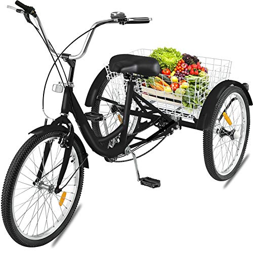 Mandycng Adult Workout Tricycle 24” 7-Speed 3 Wheel Sturdy Trike  Bicycle W/Lock Extra Large Basket Tricycle V-Brake Cruise Durable Max Load 330 Lbs. Beach Cycling Travel Black Color