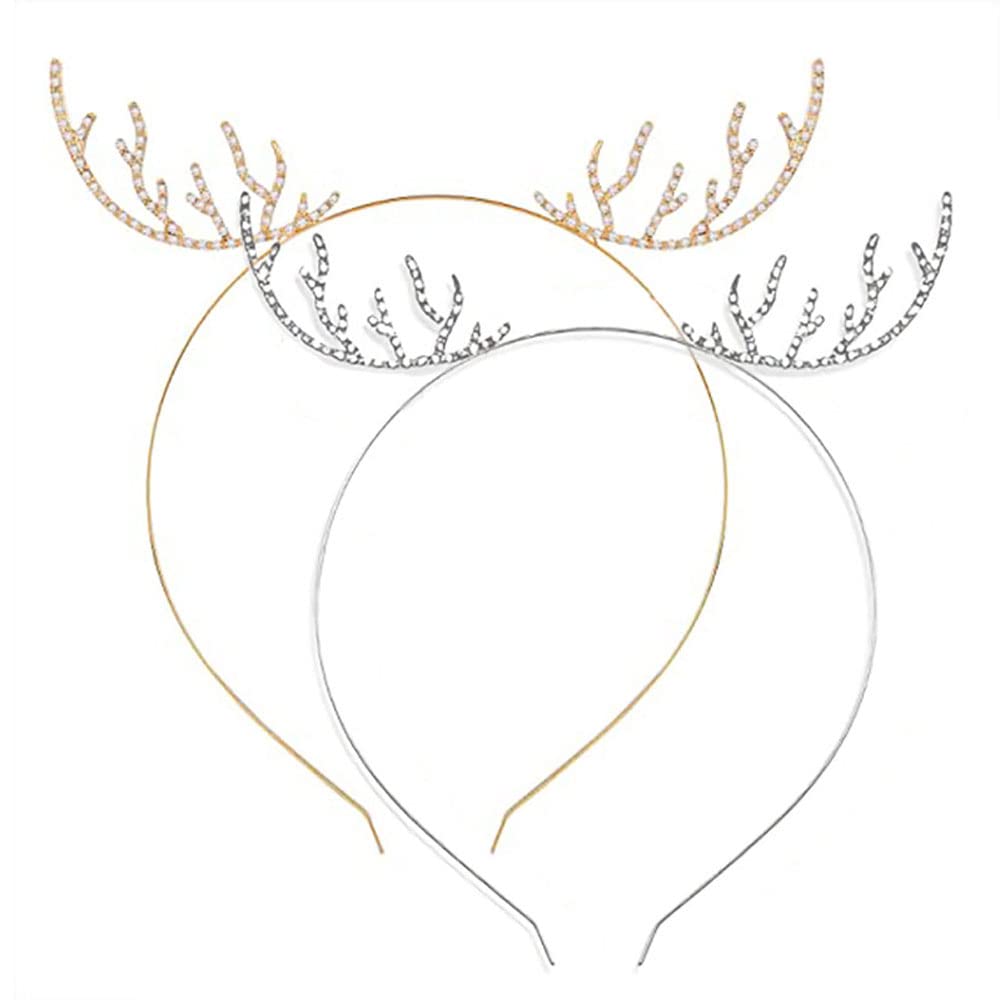 2PCS Christmas Rhinestone Reindeer Antler Headband Xmas Party Hairband Cosplay Hair Hoop Gold + Silver