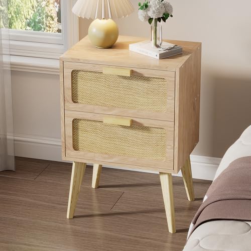 YAUKOMEL Scandinavian Bedside Table, Rattan Nightstand, 2 Drawers in Rattan, Side Table, Wooden Night Table, Sofa End with Wooden Handle for Living Room, Bedroom, Office, Natural DECTG59Y