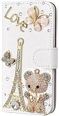 Huawei Mate 9 Case, Lovely Bear Effiel Tower Bling Crystal White PU Wallet Leather Case For Huawei Mate 9 5.9 inch (2016)
