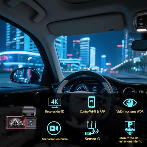 Dashcam Frontal y Trasera Dos en Uno Frontal 4K + Trasera 1080P, Gran Angular 170°, Amplio Rango Dinámico (WDR), Función de Visión Nocturna, G-Sensor, 24H Monitor de Estacionamiento, Control WiFi