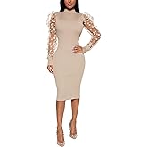 Annystore Women's Elegant Mock Neck Sheer Long Sleeve Mesh Bodycon Dress Ribbed Club Party Pencil Midi Dresses Clubwear