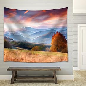 Digital Artwork in Watercolor Painting Style. Colorful Autumn Morning in The Mountains - Fabric Wall Tapestry Home Decor - 51x60 inches