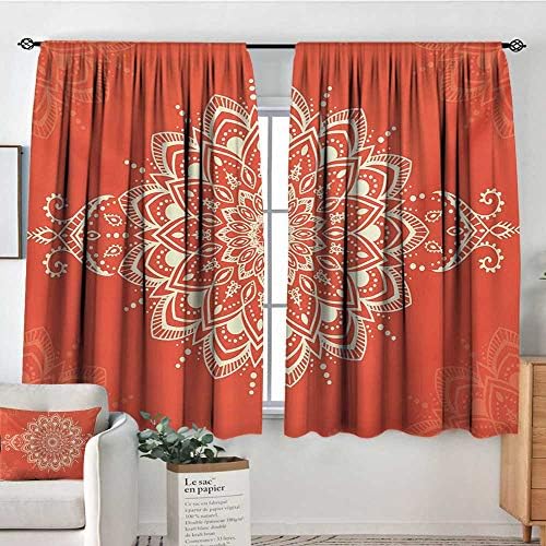 Elliot Dorothy Decor Room Darkening Wide Curtains Henna,Ancient Kaleidoscopic Round Mandala Arabic Design Yoga Meditation Cosmos Symbol,Orange Ivory,Insulating Room Darkening Blackout Drapes 42"x54"