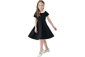 Abbyabbie.Li Girls Short Sleeve Uniform Dresses Casual Peter Pan Collar Fit and Flare Skater Dress 2-12 Years