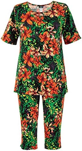 Jostar Women's Stretchy Capri Pant Set Short Sleeve Print