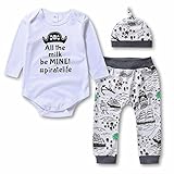 Baby Boys Girls 3 Pcs Bodysuits & Pants & Cap Clothes Set - Infant Outfit/Pajama, White, 70(0-6 Month)