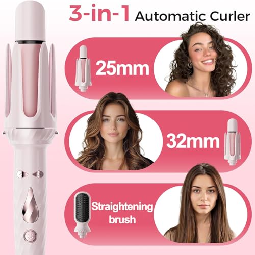 Automatic Hair Curler 3 in 1 Pink – Ceramic Coating Ice, Fast Heating 30s, 5 Temperatures (160°C-200°C), 40min Auto Off, Sound Alert, Pink