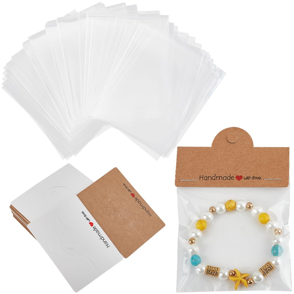 SOFPLATE 100Pcs Jewellery Display Bags Bracelet Display Cards Foldable Header Cards Craft Package Clear Pouch for Selling Showing Hanging Bracelets Earrings Bracelet Small Business Packaging Supplies
