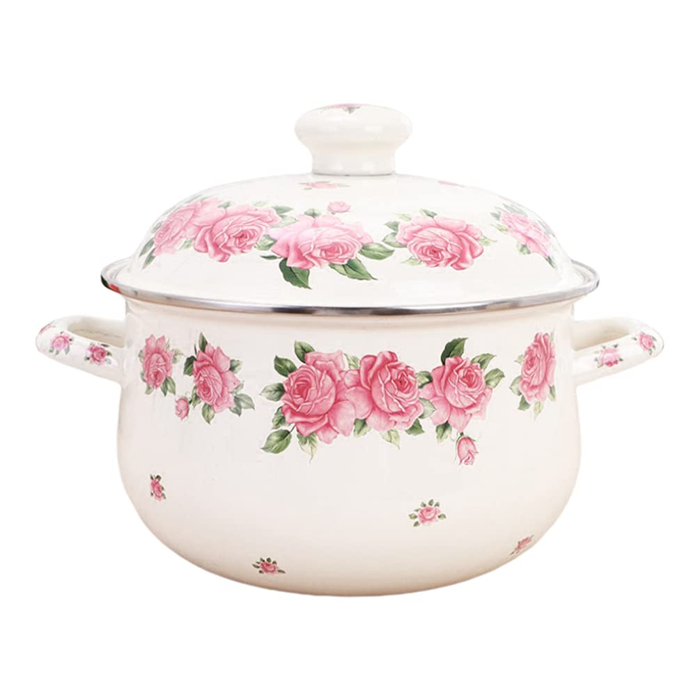 YARNOW Pink Enamel Cooking Pot 10 Inch Flat Bottom Stockpot with Double Handles Household Soup Stew Pot for Kitchen Use