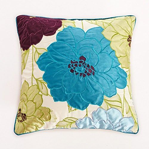 LCArtStore Blue &amp; Yellow Embroidered Dahlia Floral motifs 18x18 Inch Cotton Linen Decorative Pillow Case Throw Pillow.