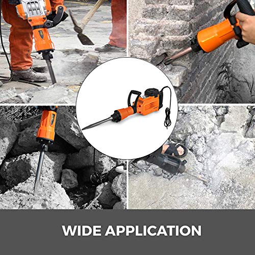 2200W Electric Demolition Jack Hammer Heavy Duty Concrete Breaker 1400 BPM Jack Hammer Demolition Drills with Flat Chisel Bull Point Chisel and Gloves (2200W, Orange)
