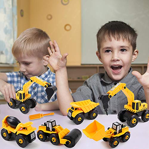 Jellydog Toy Take Apart Toys, 6 Set Construction Take Apart Trucks,Excavator, Bulldozer, Drilling, Road Roller, Dump, Cement Truck,STEM Learning Toys for Toddlers Age 3+