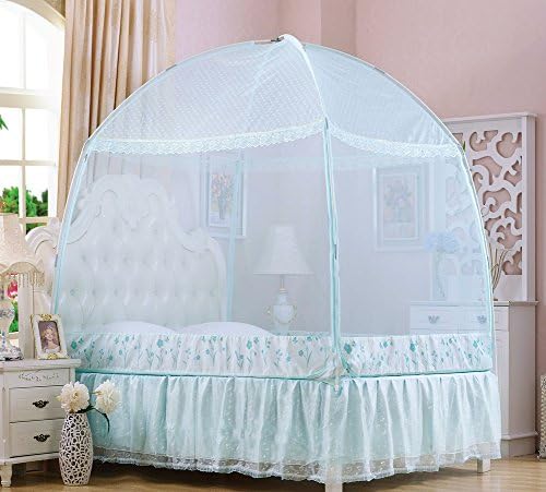 WENZHANG Mongolian yurt net,U-shaped three-door mosquito net,Baby bed net Princess bed canopy keeps away insects &amp; flies Ultra large mosquito net-Blue