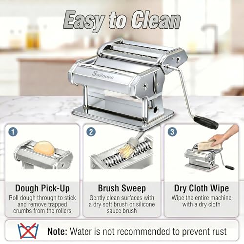 Sailnovo 3 in 1 Pasta Maker Machine - 9 Adjustable Thickness Settings Aluminum Alloy Pasta Roller & 2 Width Cutters for Fresh Spaghetti, Fettuccini, Lasagna, Dumplings - Stainless Steel, Silver