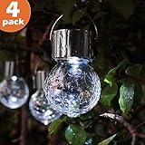 Torjim Hanging Solar Lights - 4 Pack White LED Solar Crackle Glass Ball Lights, Waterproof Outdoor Lanterns with Handle for Patio, Garden, Tree, Holiday Decoration