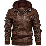 chouyatou Men&#39;s Vintage Removable Hooded Slim Motorcycle Faux Leather Bomber Jacket (X-Large, Brown)