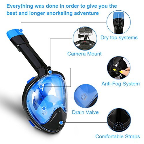 BFULL Newest Version Full Face Easy Breath Snorkel Mask 180° Panoramic Sea View Anti-fog Anti-leak Snorkeling Mask with Action Camera Mount and Soft Adjustable Head Straps For Kids and Adults - Thumbnail 2